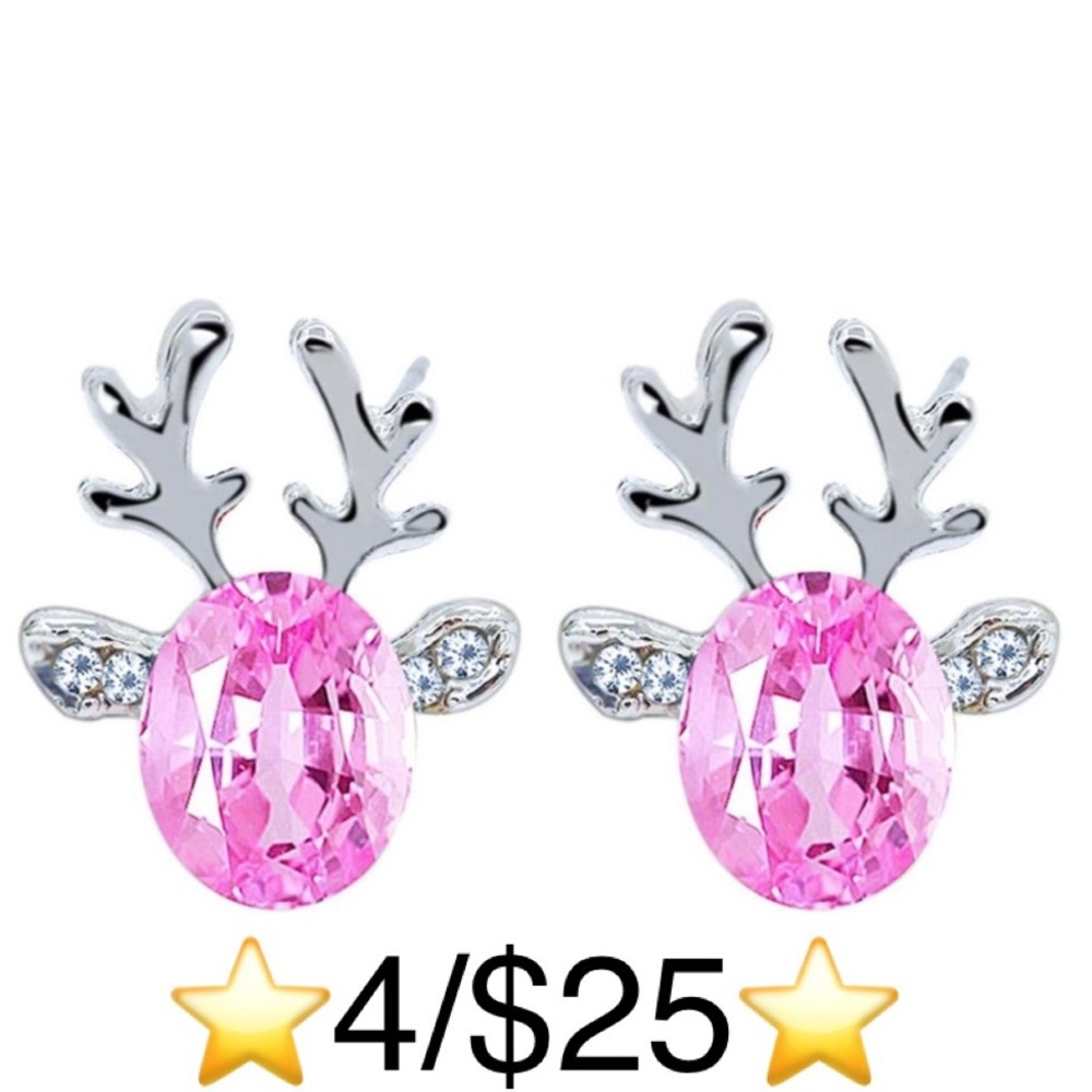 Pink Crystal & CZ Silver Tone Reindeer Studs
